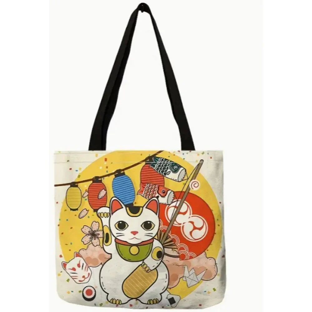 Waving Lucky Hello Cat Kitty Canvas Bag Large Purse Handbag 15.7" - Picture 1 of 5